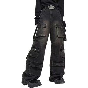 Versatile High-Waisted Grunge Pants for Men & Women - Baggy Y2K Denim, Black